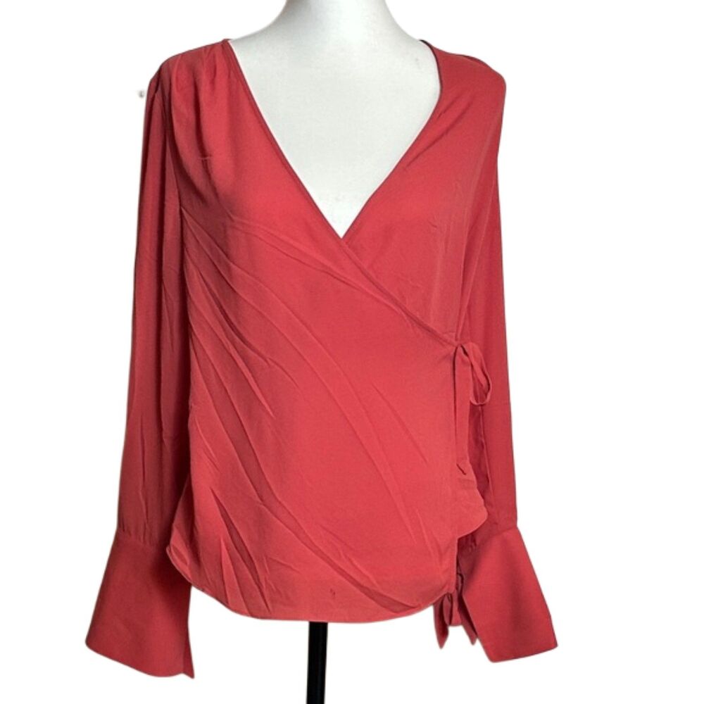Trouve Wrap Blouse Top XS Tie Waist Bell Cuffs Plunge VNeck Sheer Overlay Salmon